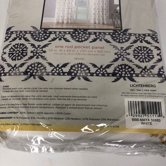 Maya Rod Pocket 63" Window Curtain Panel White Gold Floral Pattern 1 Panel - Picture 9 of 9